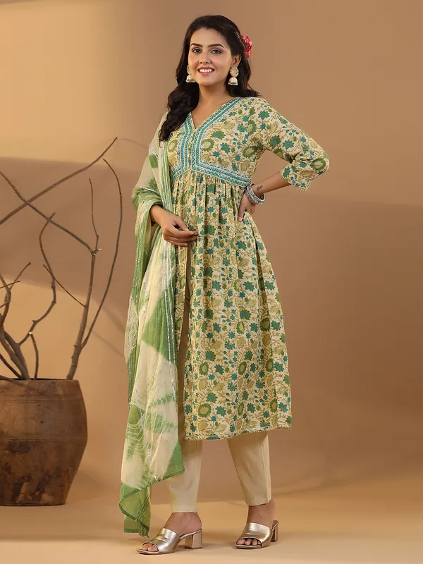 Printed cotton green kurti set