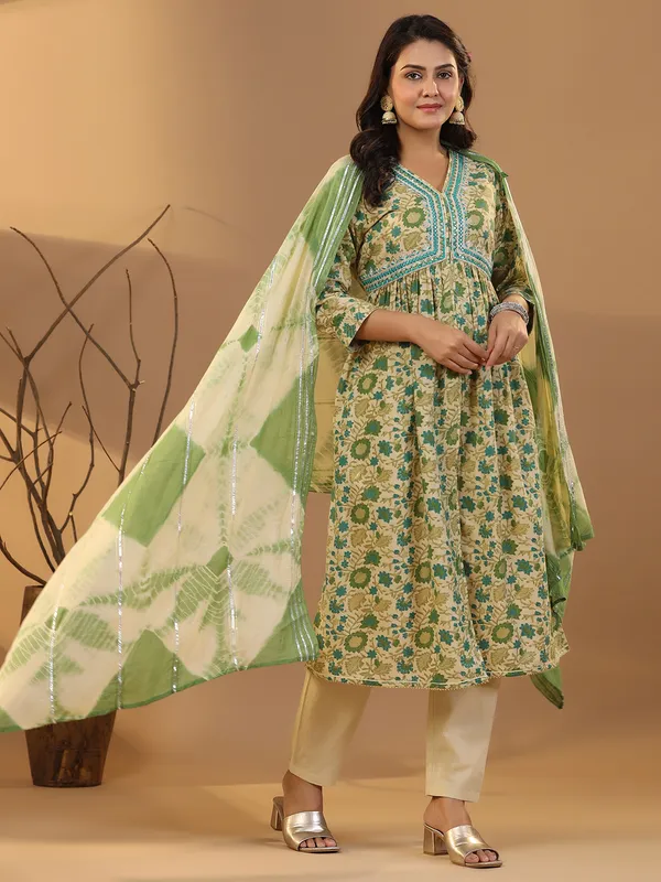 Printed cotton green kurti set