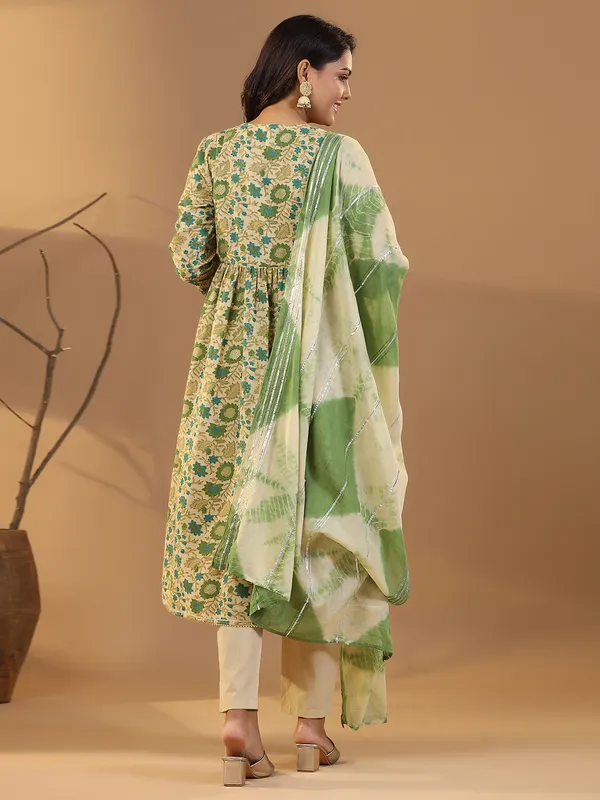 Printed cotton green kurti set