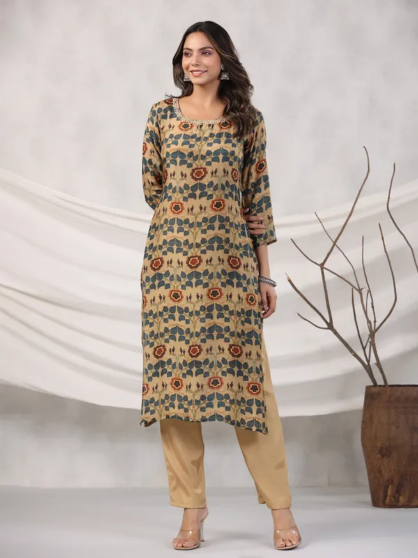 Printed cotton khaki kurti with pant