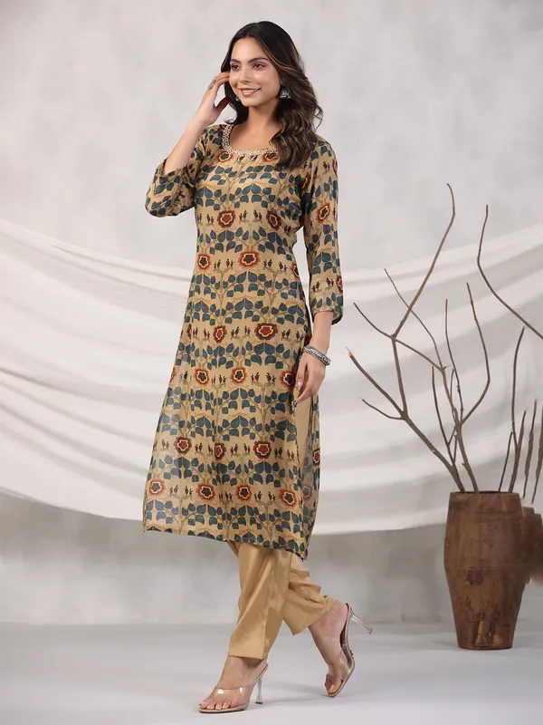 Printed cotton khaki kurti with pant