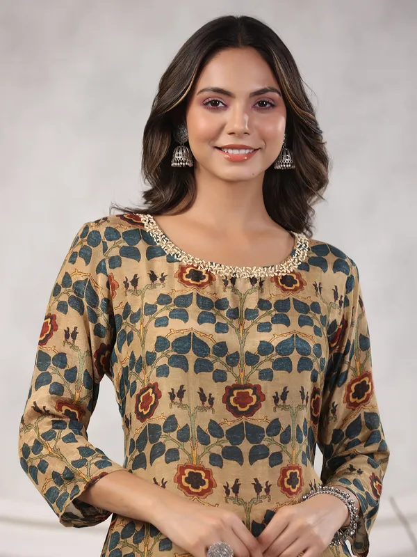 Printed cotton khaki kurti with pant