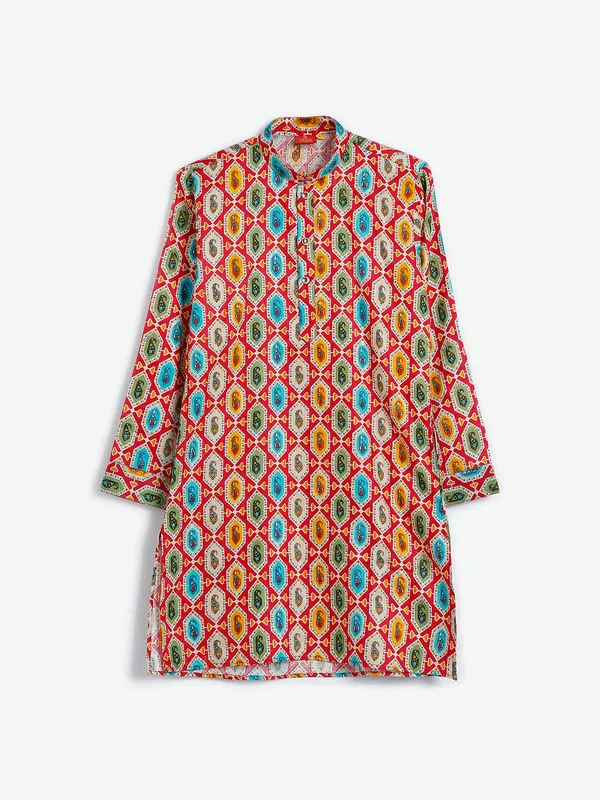 Printed cotton kurta suit in red
