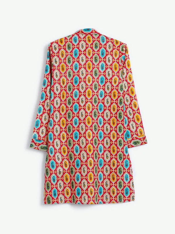 Printed cotton kurta suit in red
