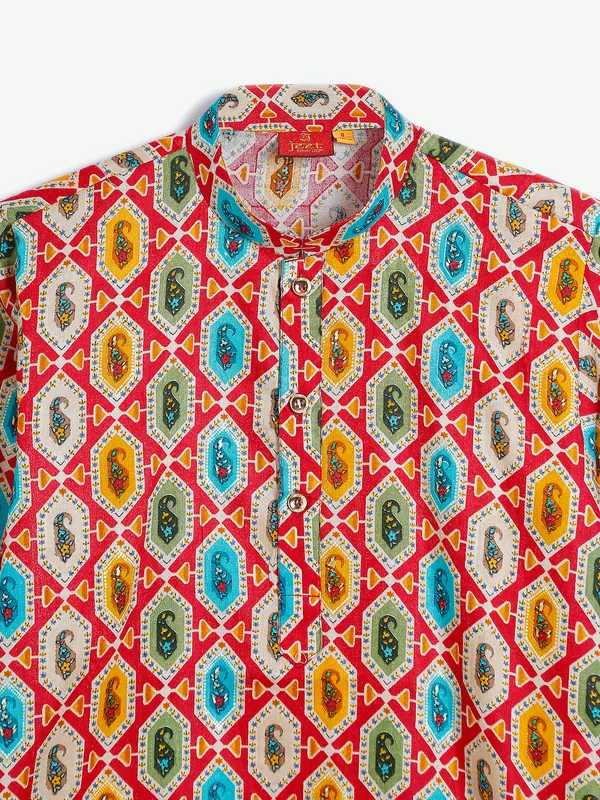 Printed cotton kurta suit in red