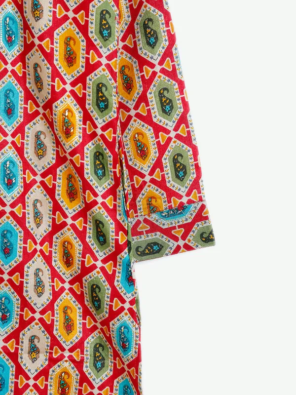 Printed cotton kurta suit in red