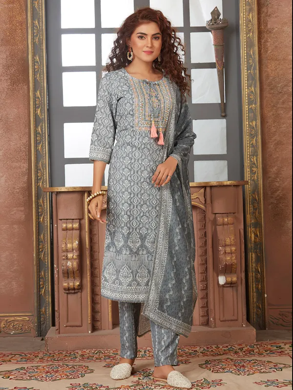 Printed cotton kurti set in grey