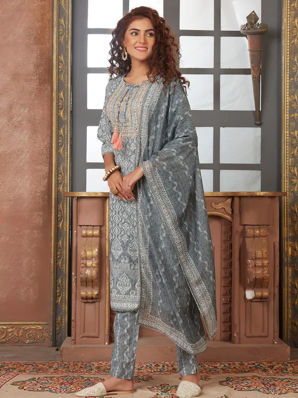 Printed cotton kurti set in grey