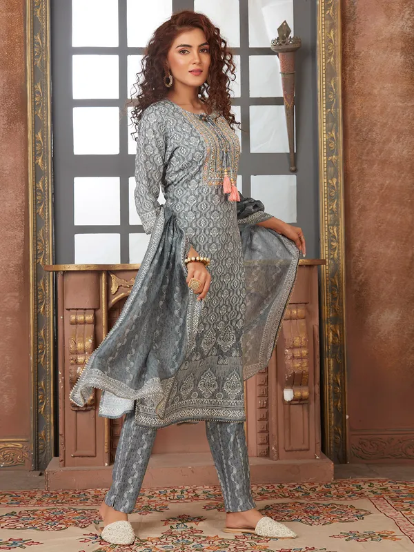 Printed cotton kurti set in grey