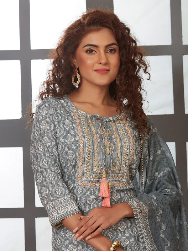 Printed cotton kurti set in grey