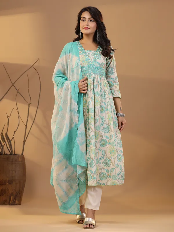 Printed cotton kurti set in sea green