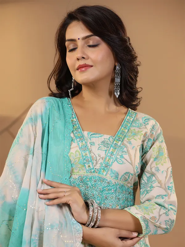 Printed cotton kurti set in sea green