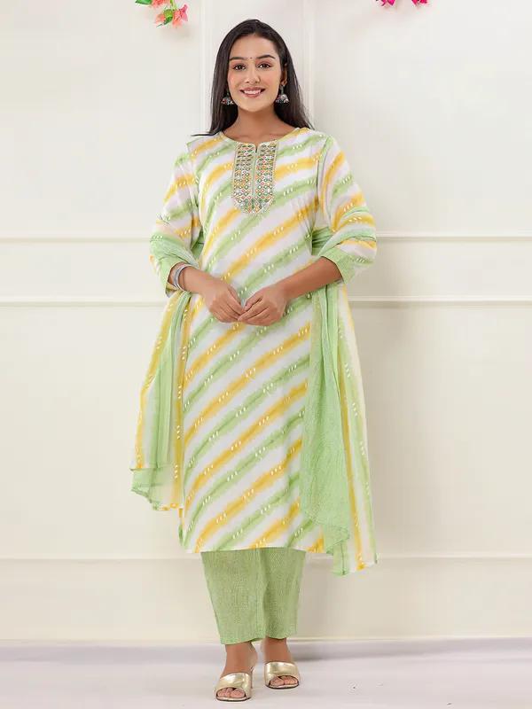 Printed cotton light green kurti set
