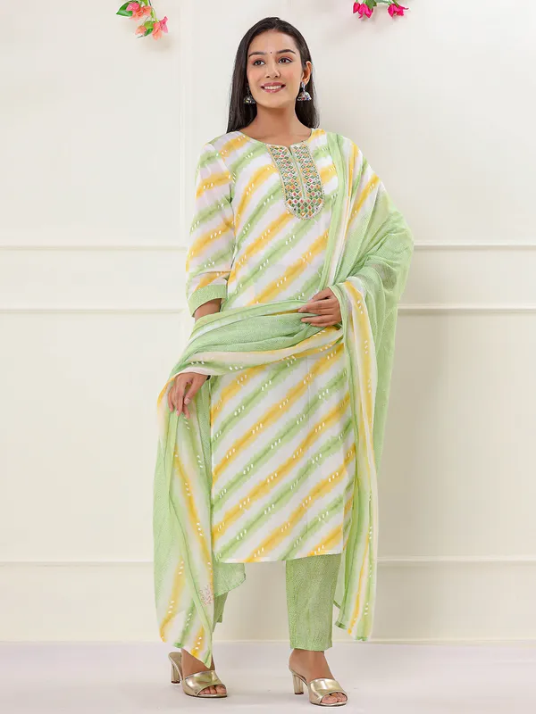 Printed cotton light green kurti set