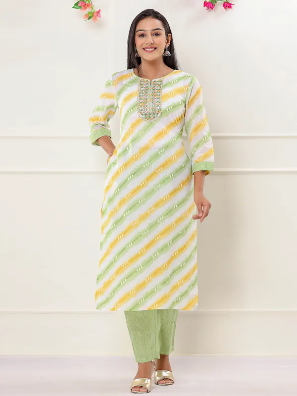 Printed cotton light green kurti set