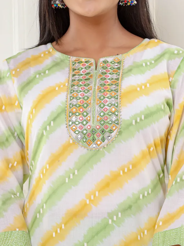 Printed cotton light green kurti set