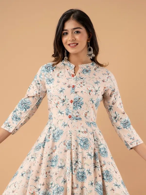 Printed cotton long kurti in cream