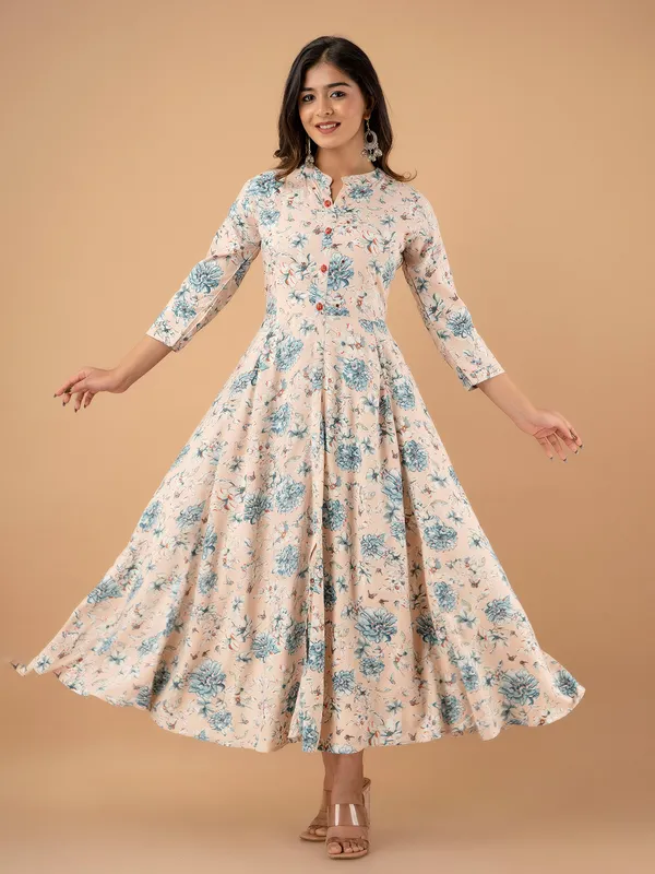Printed cotton long kurti in cream