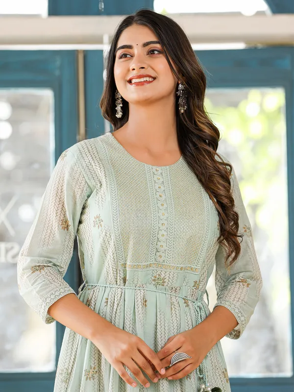 Printed cotton mint green long kurti