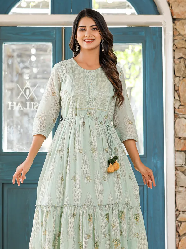 Printed cotton mint green long kurti
