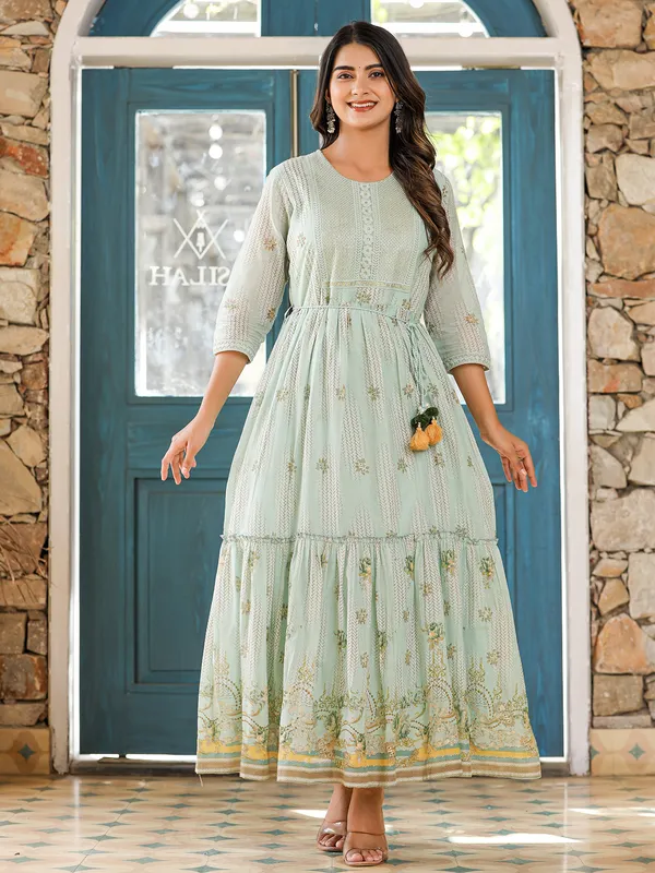 Printed cotton mint green long kurti