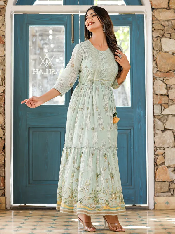 Printed cotton mint green long kurti