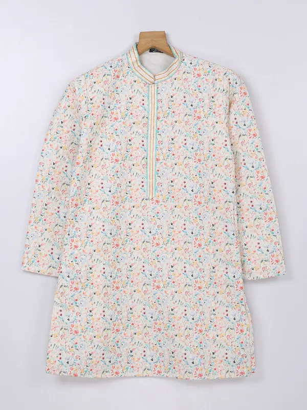 Printed cotton off white kurta suit