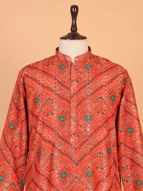 Printed cotton orange kurta suit