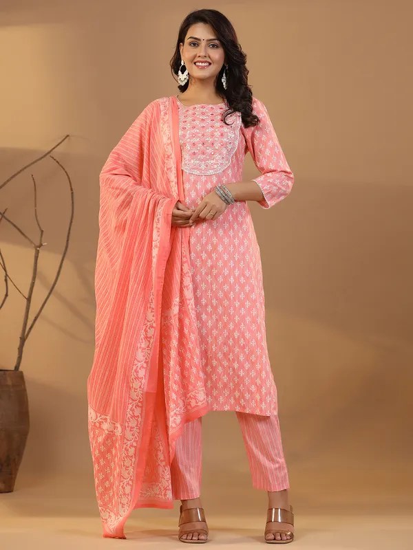 Printed cotton peach casual kurti set