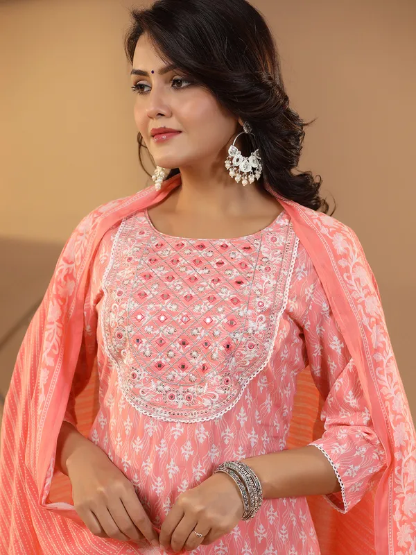 Printed cotton peach casual kurti set