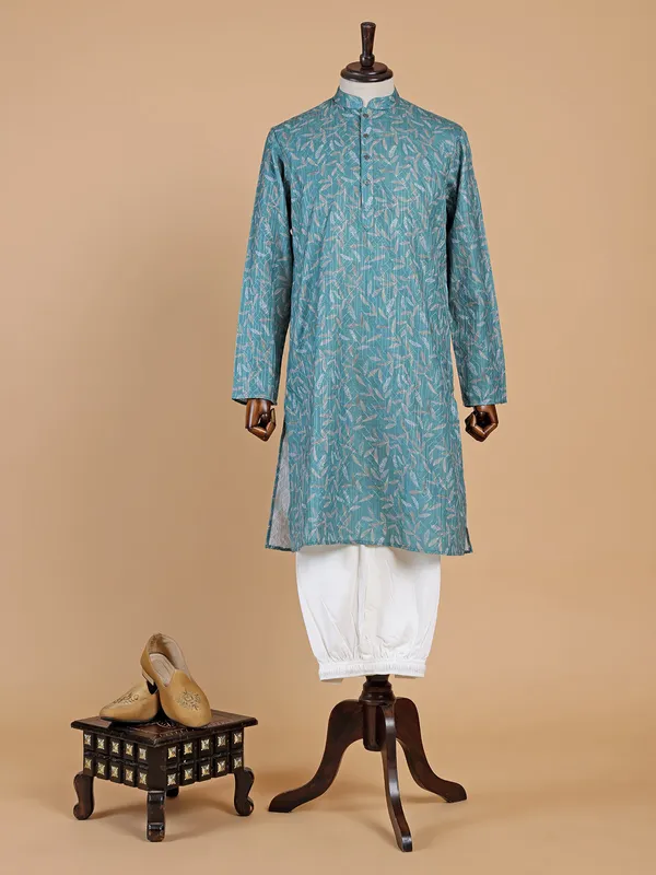 Printed cotton rama green  Men Kurta pajama