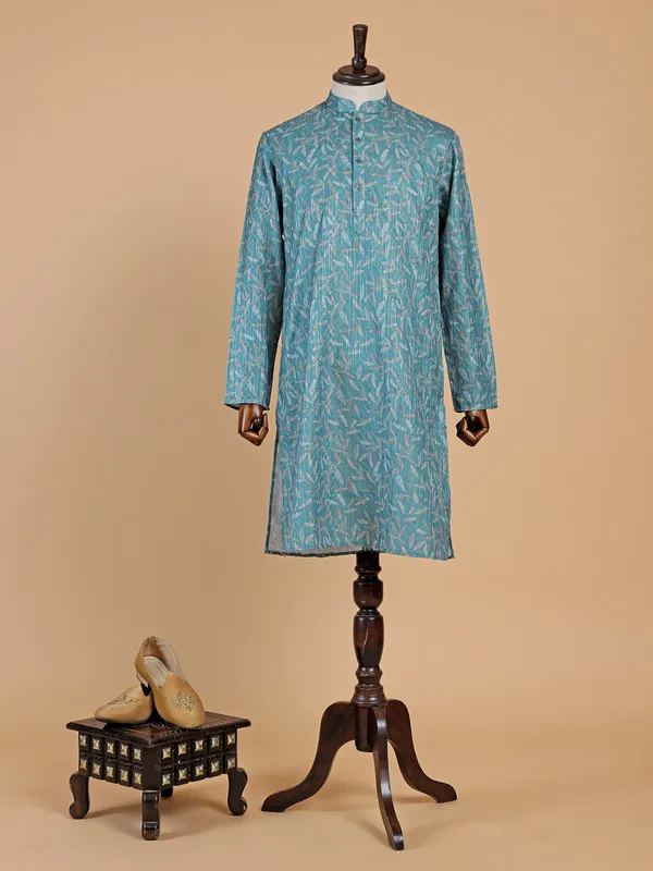 Printed cotton rama green  Men Kurta pajama