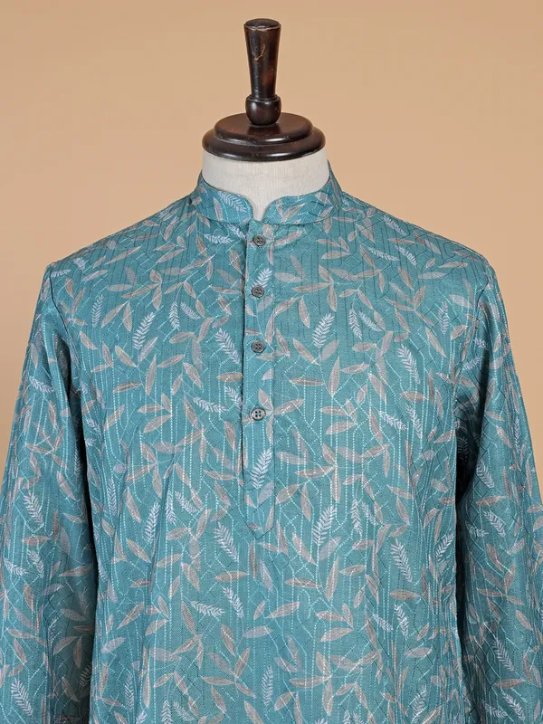 Printed cotton rama green  Men Kurta pajama