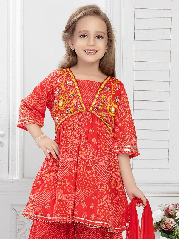 Printed cotton red sharara set