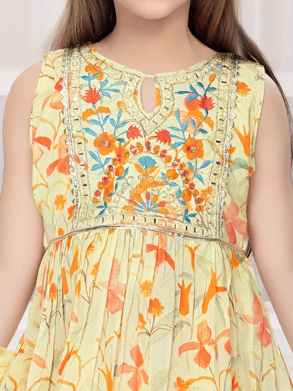 Printed cotton sharara salwar suit in light yellow