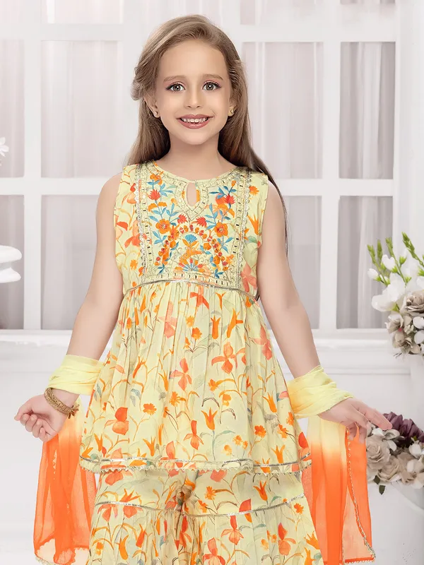 Printed cotton sharara salwar suit in light yellow