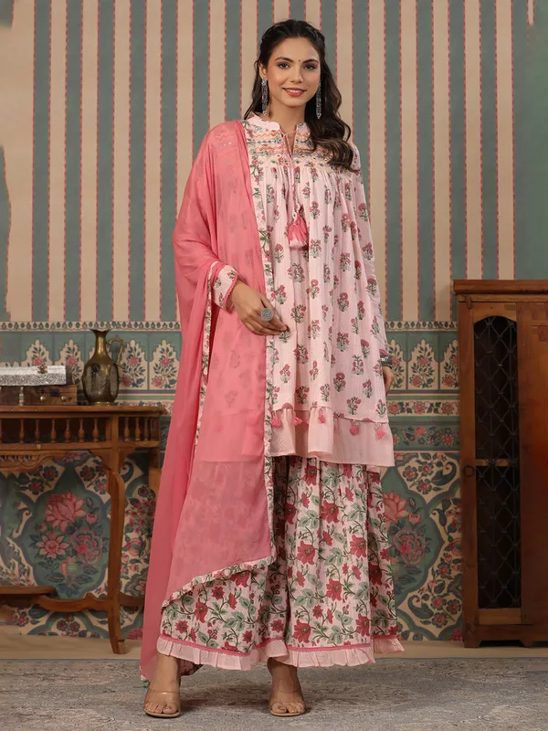 Printed cotton sharara set in baby pink