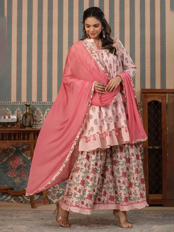 Printed cotton sharara set in baby pink