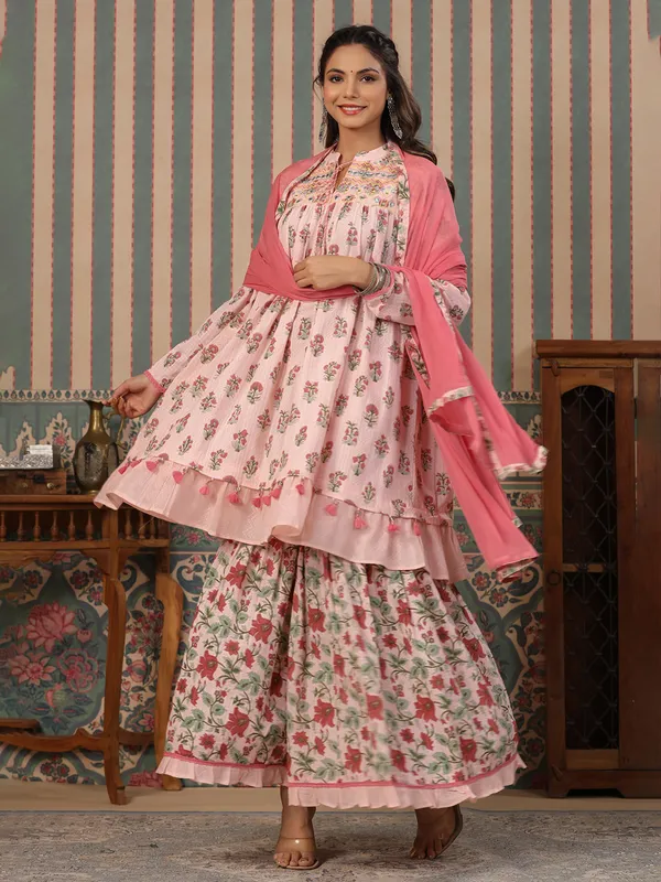 Printed cotton sharara set in baby pink