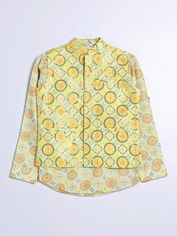 Printed cotton silk pista green waistcoat