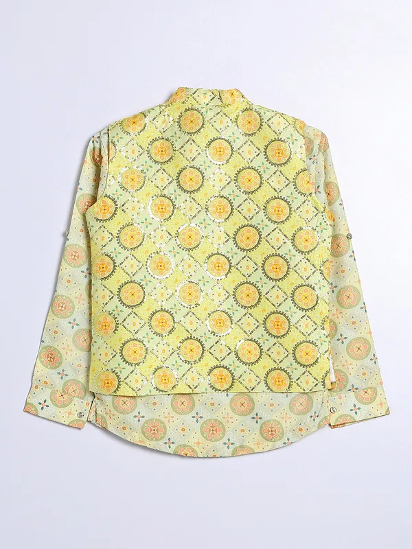 Printed cotton silk pista green waistcoat