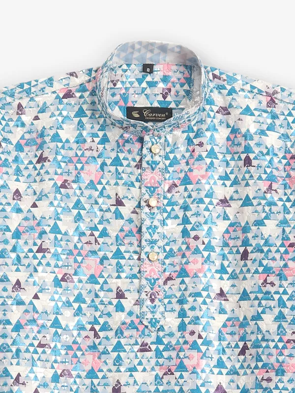 Printed cotton sky blue kurta pajama