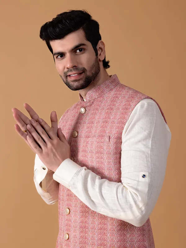 Printed cotton waistcoat in peach