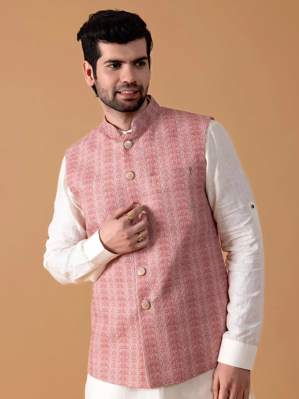 Printed cotton waistcoat in peach
