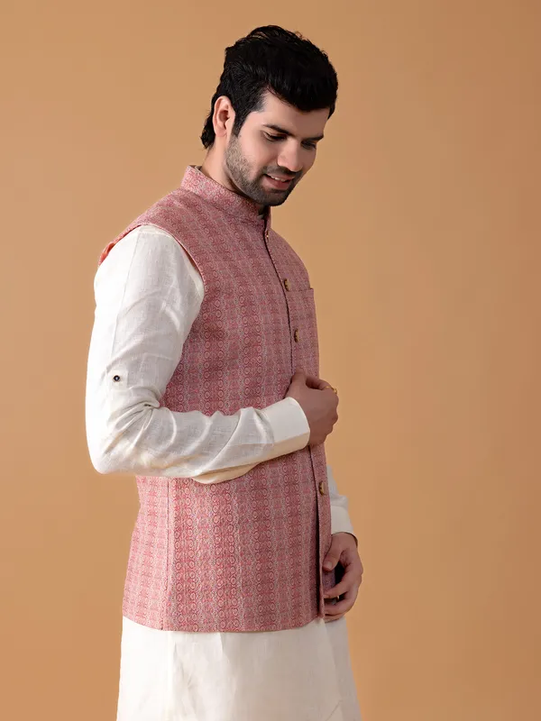 Printed cotton waistcoat in peach