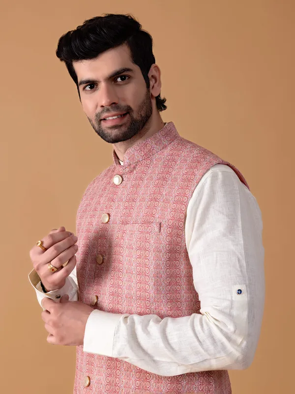 Printed cotton waistcoat in peach