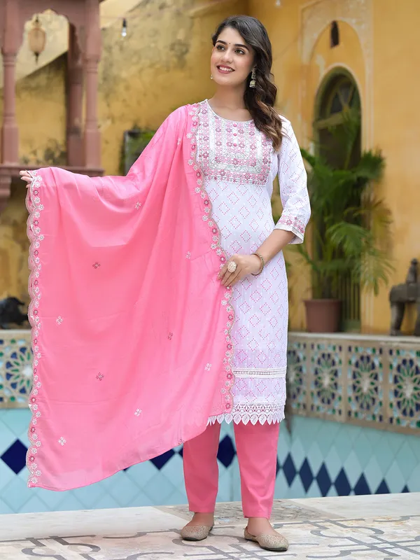 Printed cotton white kurti set
