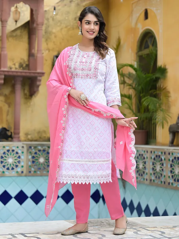 Printed cotton white kurti set