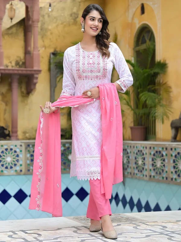 Printed cotton white kurti set