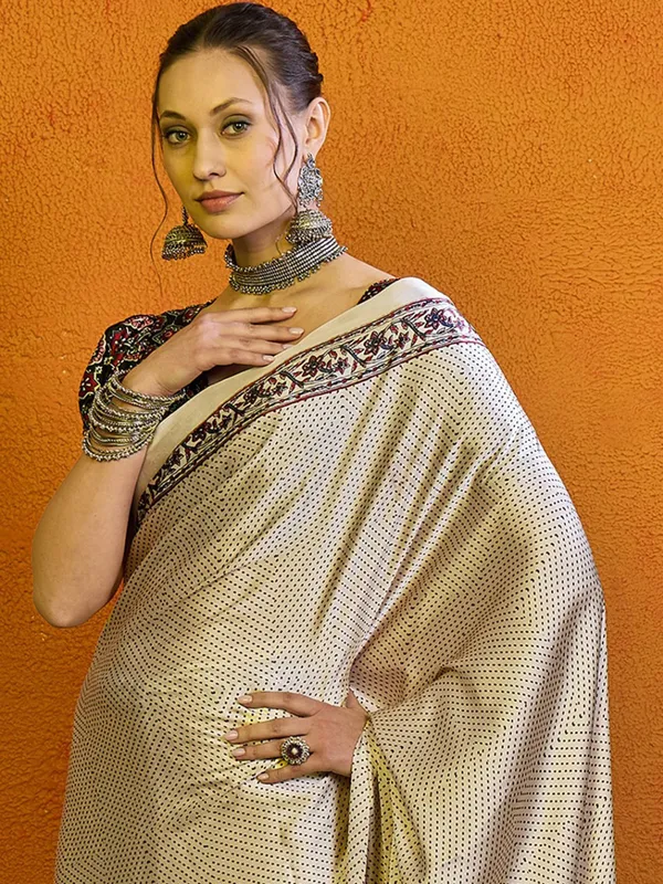Printed cream bhagalpuri silk saree
